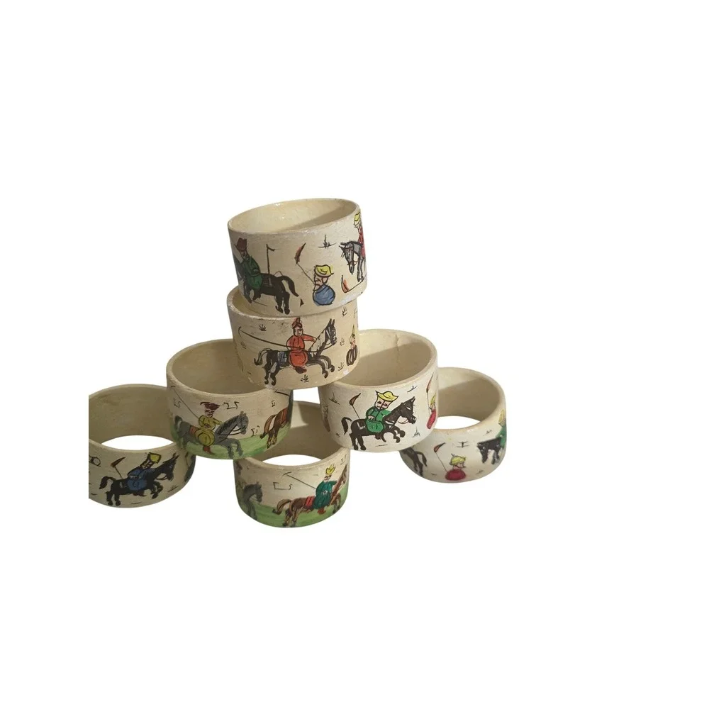 Vintage Hand Painted Polo Player Napkin Rings Set of 7 Equestrian Folk Art Cream